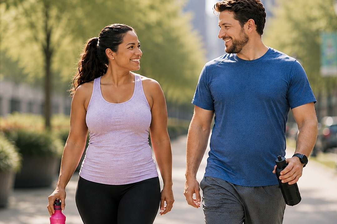 A woman and a man walking outdoors